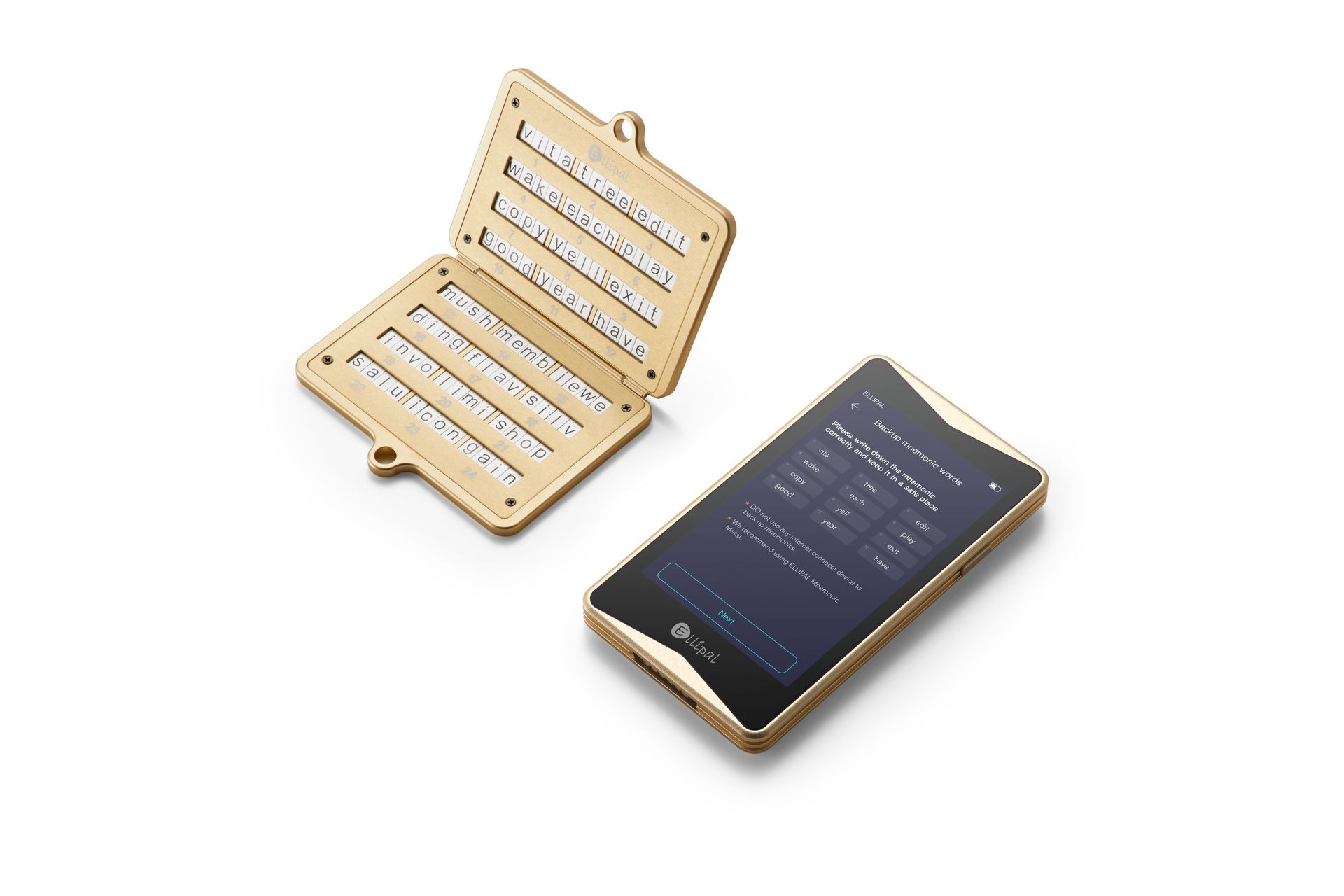 Ellipal hardware wallet with open mnemonic seed backup plate, ensuring secure crypto asset recovery.