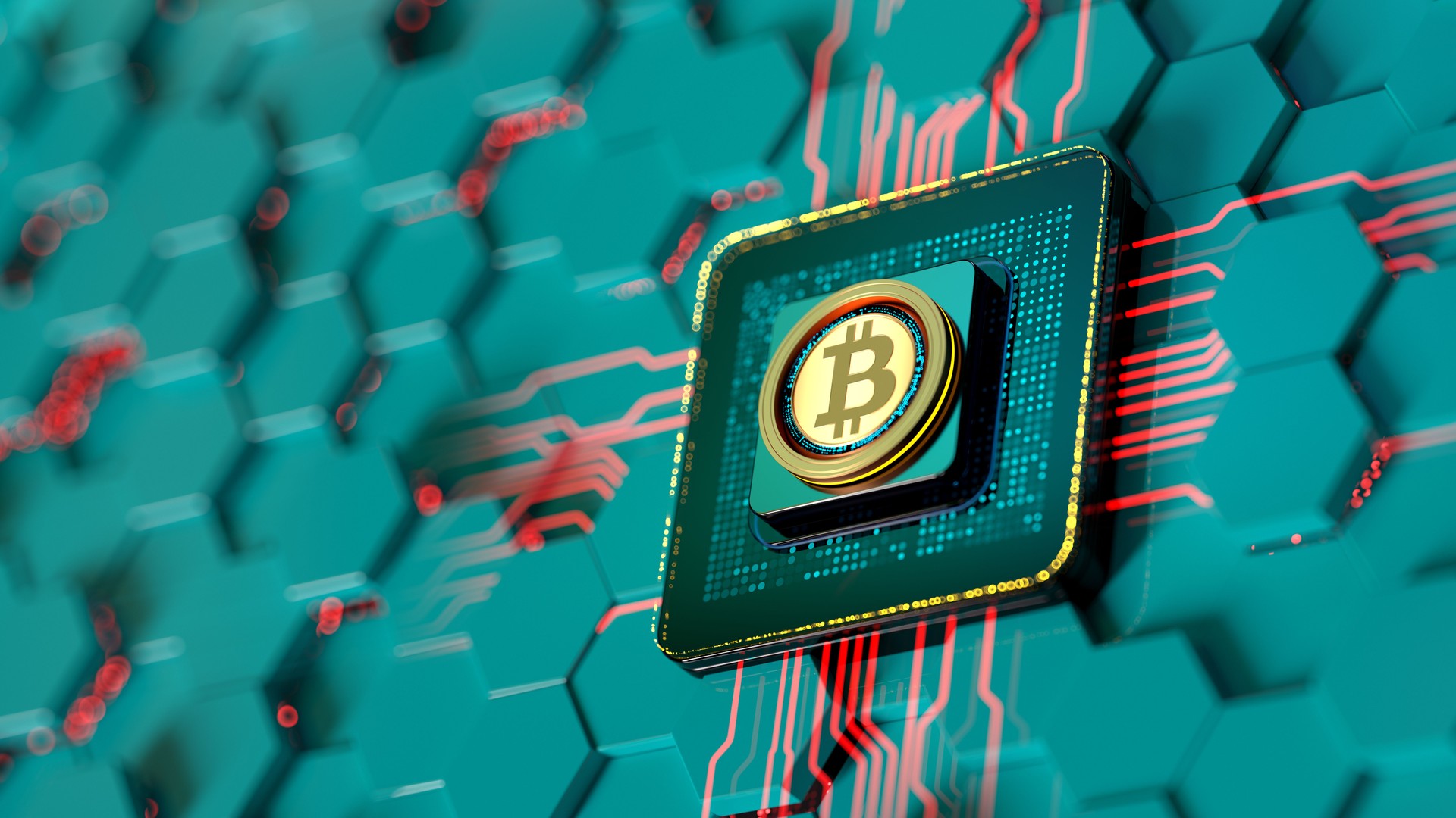 Bitcoin sign on digital CPU.  Crypto concept. honeycomb background