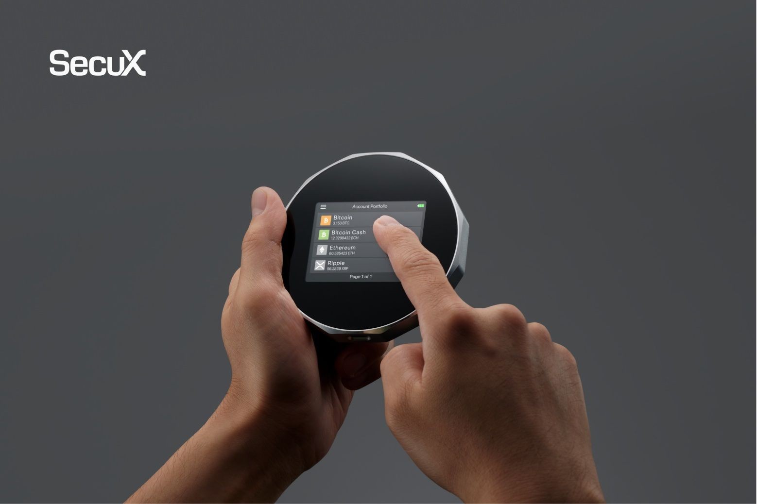 Hands interacting with the SecuX V20 hardware wallet, showcasing its large color touchscreen with a diverse cryptocurrency portfolio, emphasizing its premium build and versatility for secure crypto transactions.