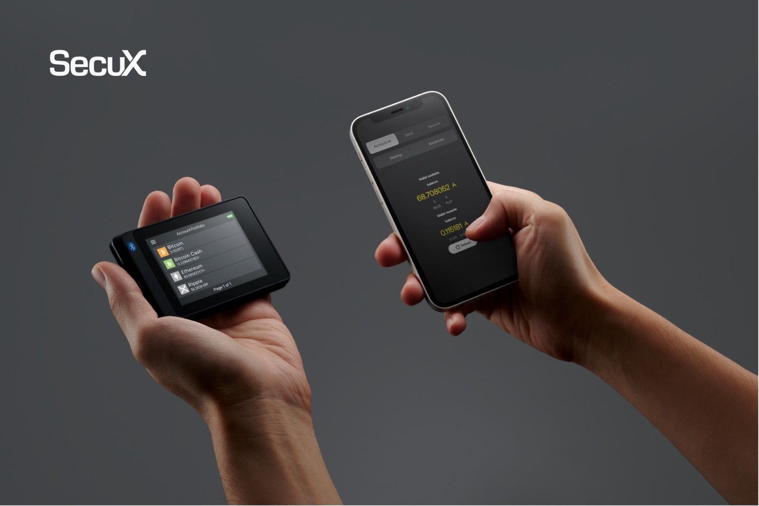 Two hands holding the SecuX W20 hardware wallet and a smartphone, illustrating the seamless integration and user-friendly interface for managing over 1,000 cryptocurrencies and ERC-20 tokens on a budget-friendly, high-quality device.